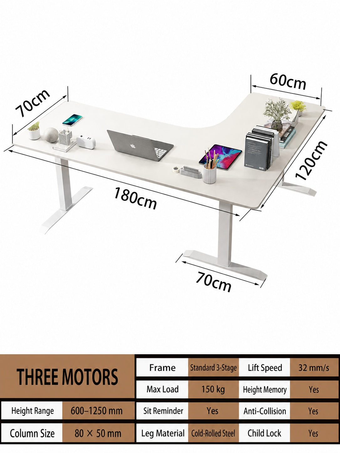 Three-Motor L-Shaped Electric Standing Desk with Left or Right Return - 180 x 120 cm (70.9 x 47.2 in) / Left Return / One-Piece Top