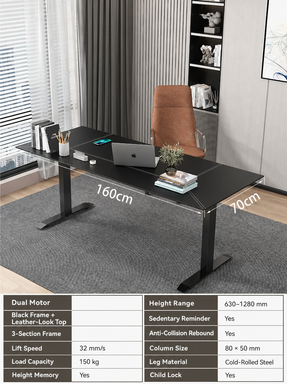 Black Leather-Look Electric Standing Desk in Nine Sizes - Dual Motor / 160 x 70 cm (63.0 x 27.6 in)