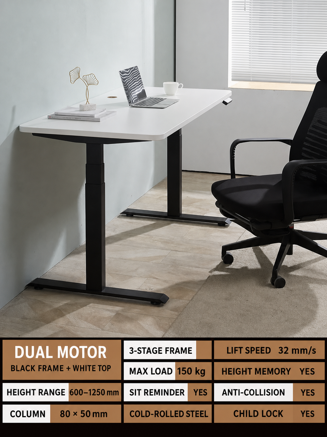 Modern Electric Standing Desk in Nine Sizes and Five Finishes - Black Frame / White Top