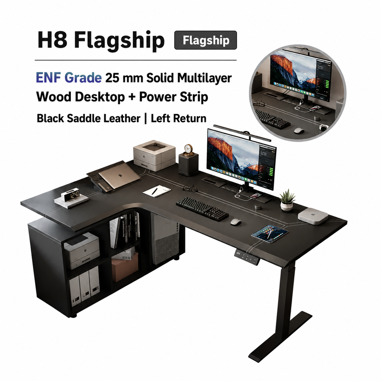 H8 flagship black saddle leather L-shaped standing desk with six-cubby storage and left return