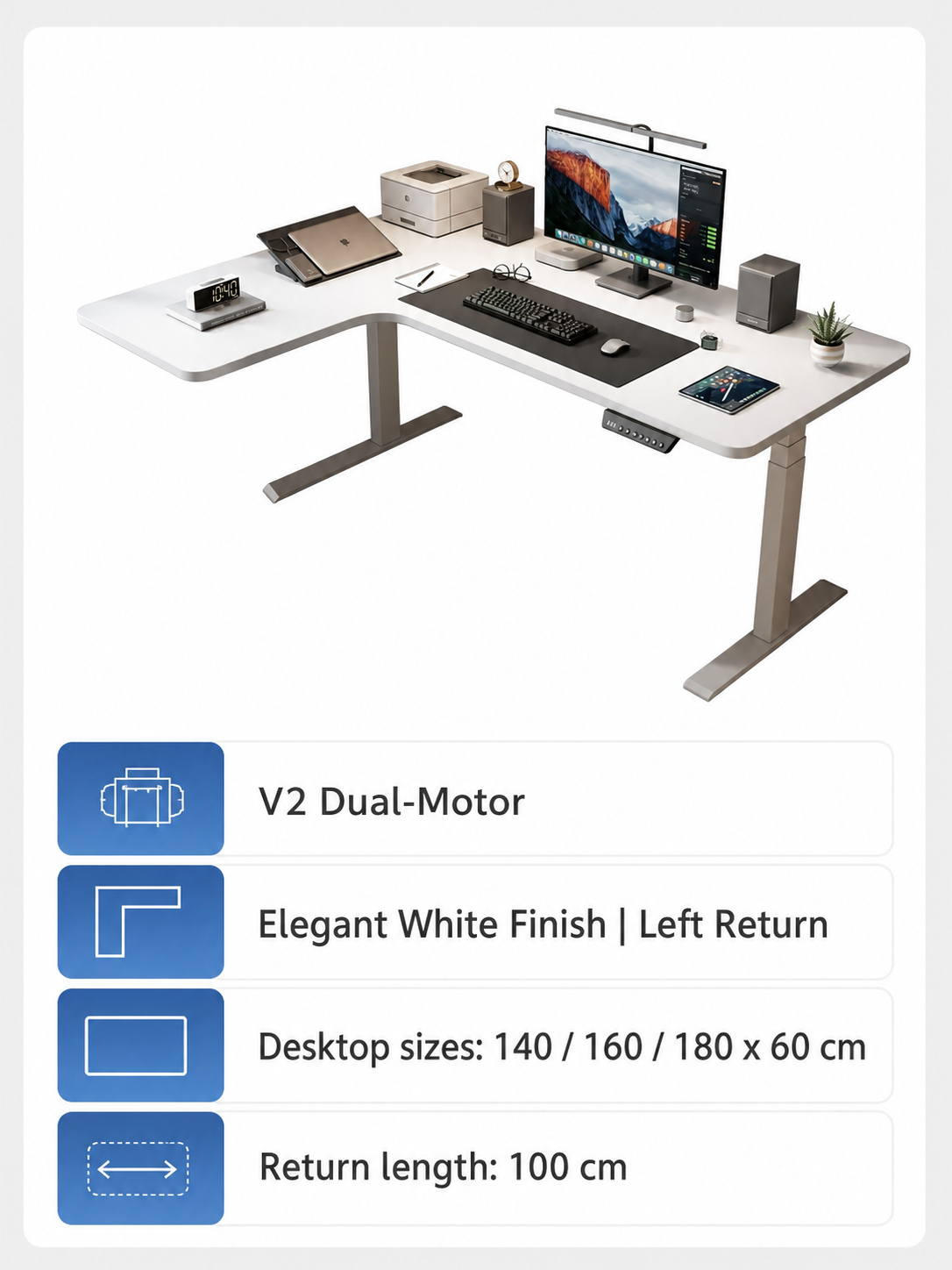 Elegant white dual-motor L-shaped standing desk left return