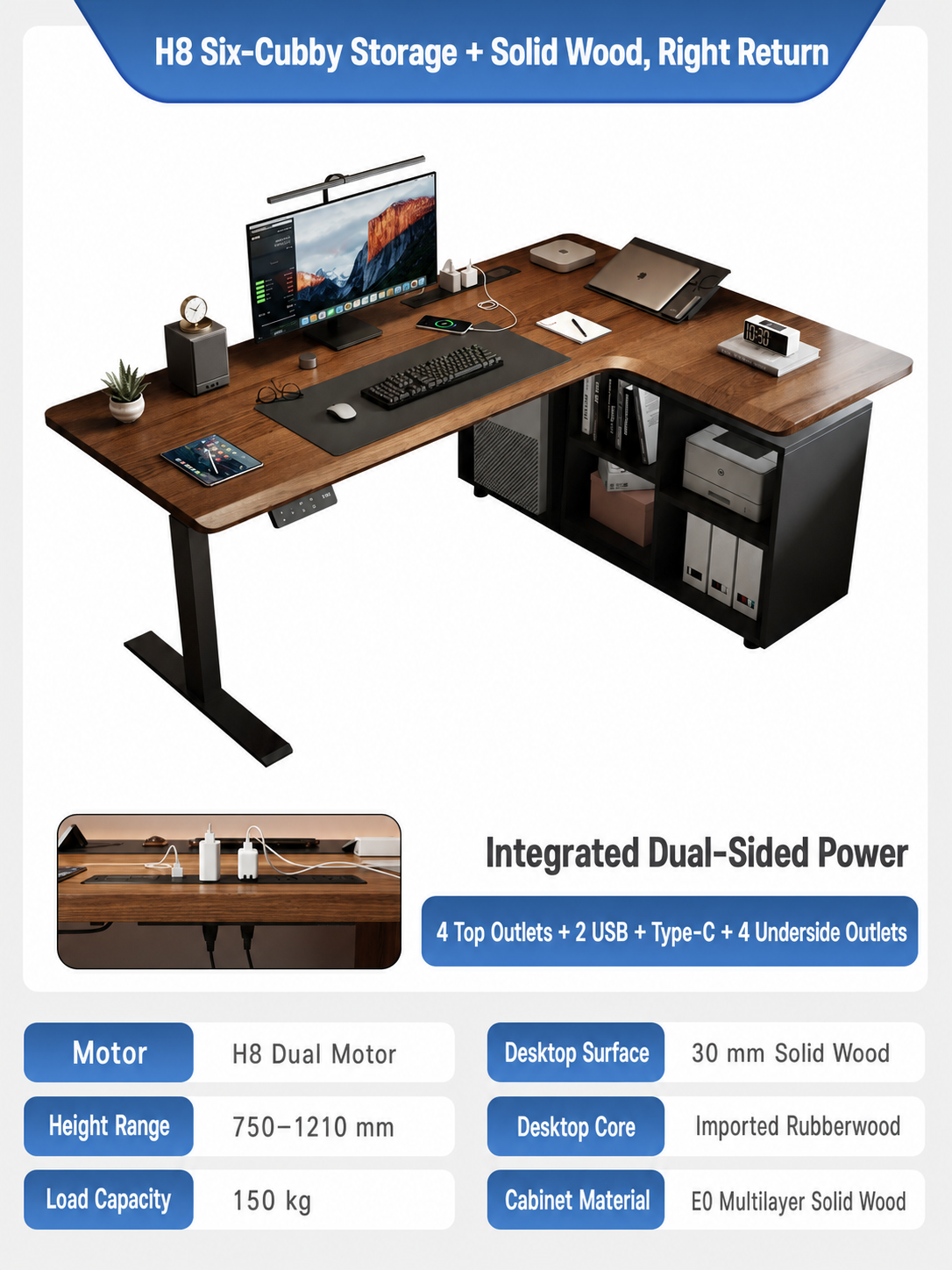 H8 storage solid wood L-shaped standing desk right return