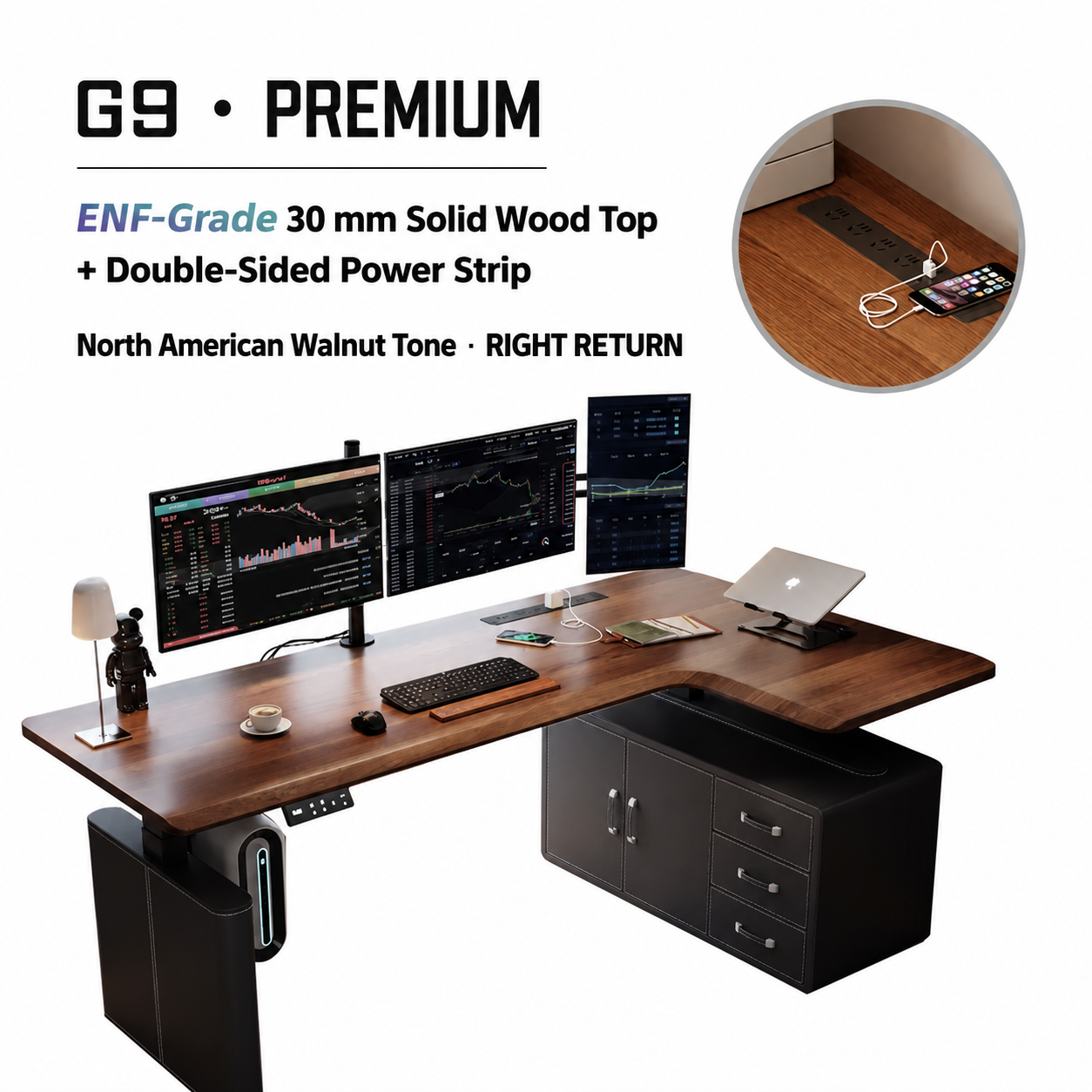 Premium solid wood L-shaped standing desk with drawer and right return