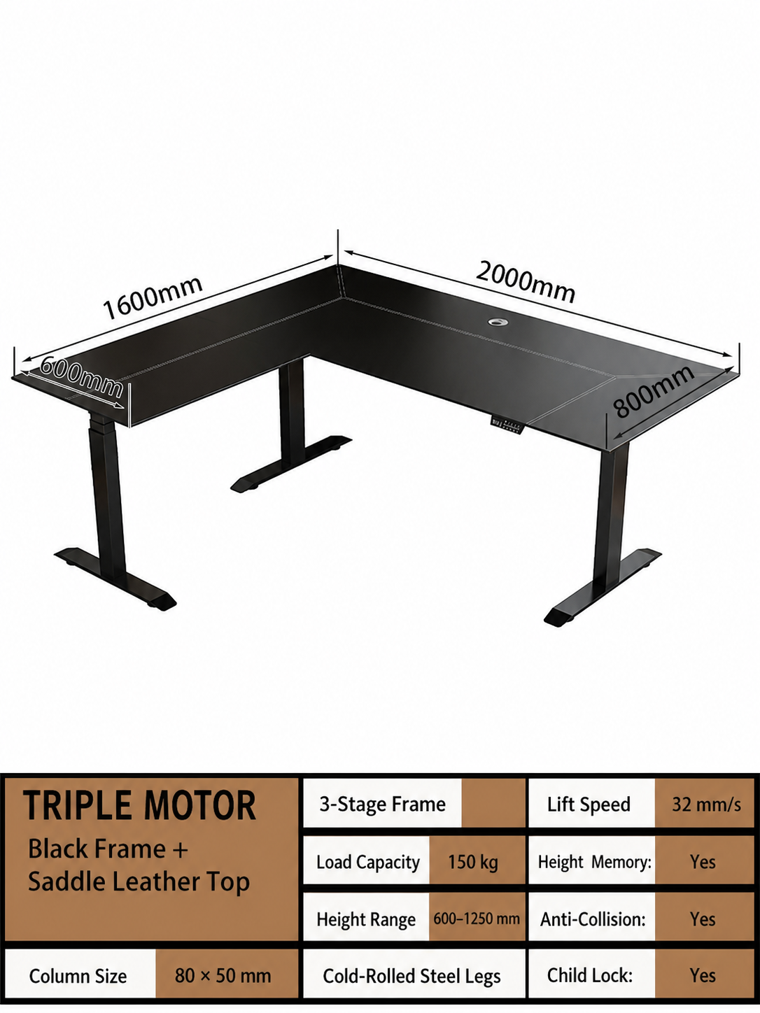 Left return 200 x 160 cm saddle leather L-shaped standing desk