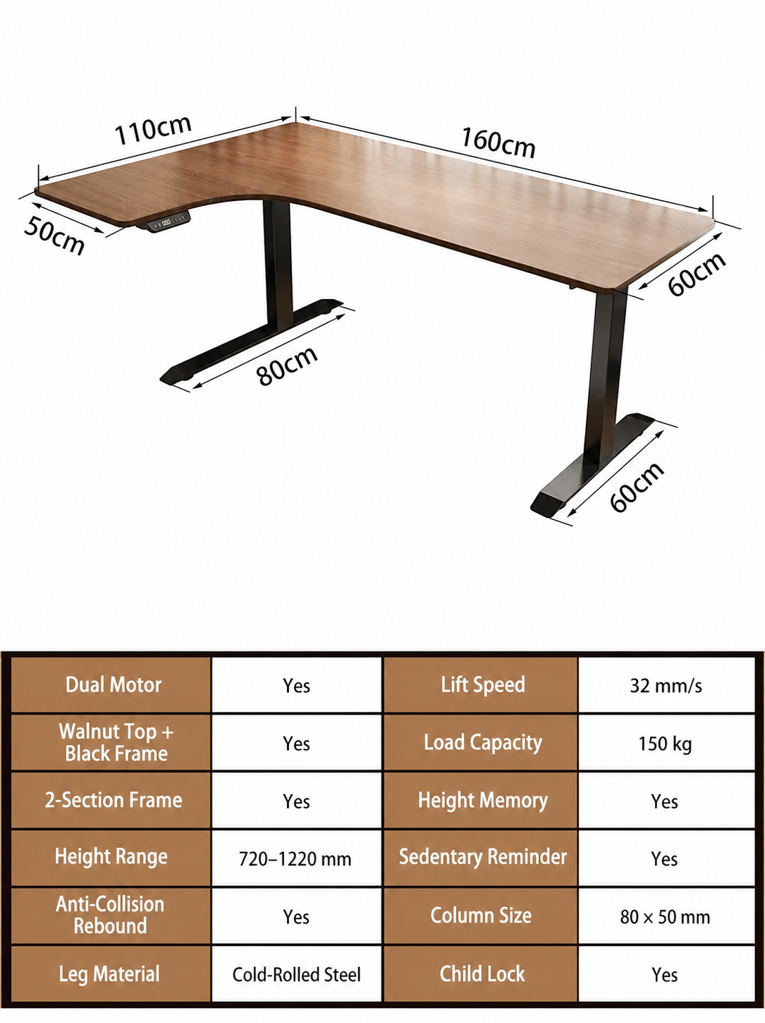 Electric L-Shaped Standing Desk with Left or Right Return - Walnut Top / 160 x 110 cm (63.0 x 43.3 in) / Left Return
