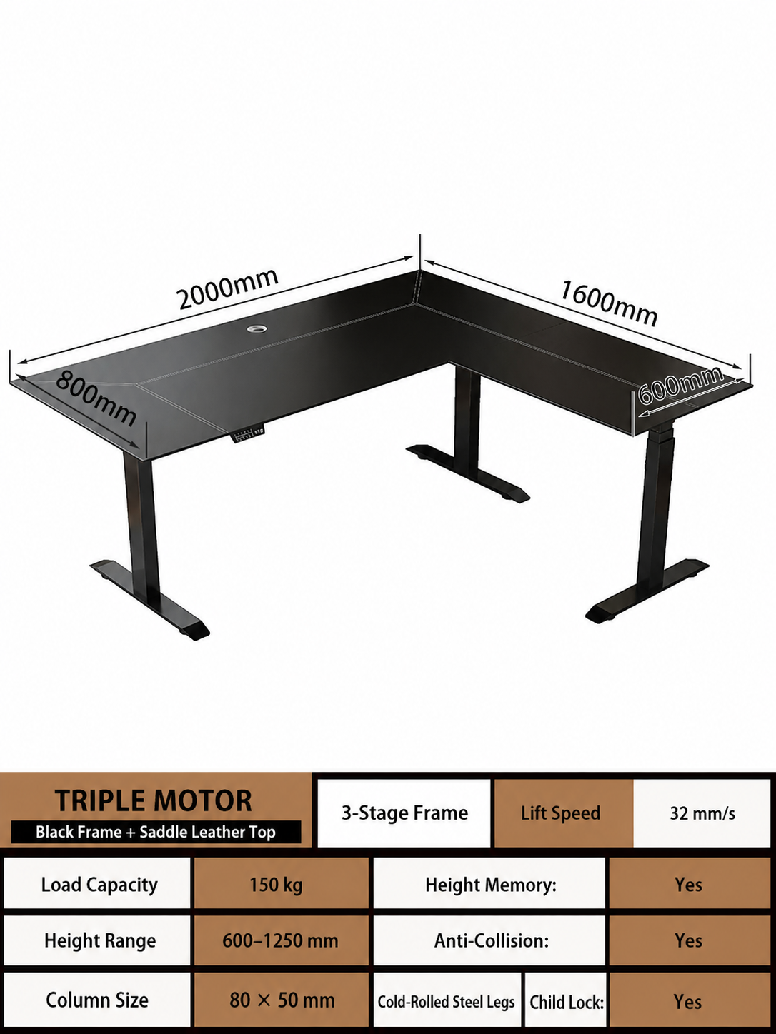 Right return 200 x 160 cm saddle leather L-shaped standing desk