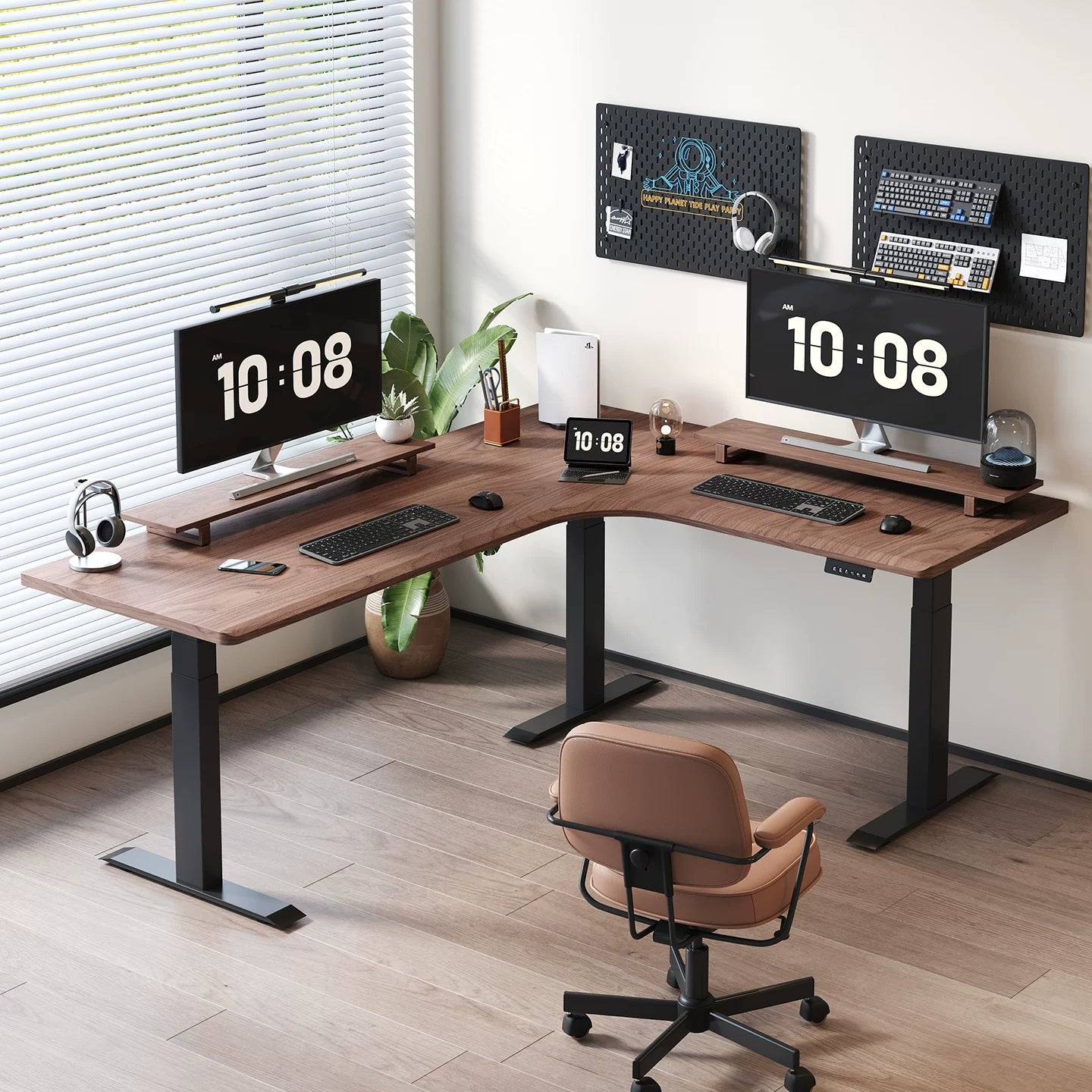 North American black walnut 27 mm export-series triple-motor L-shaped desk