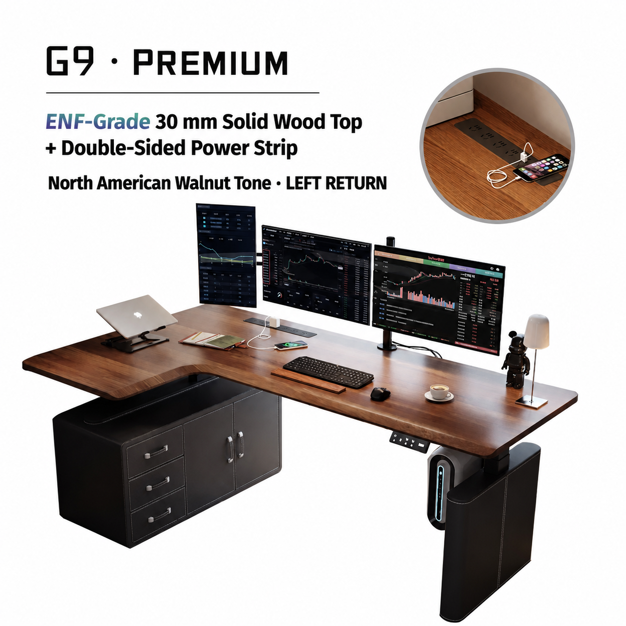 Premium solid wood L-shaped standing desk with drawer and left return