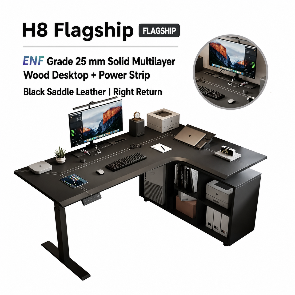 H8 flagship black saddle leather L-shaped standing desk with six-cubby storage and right return