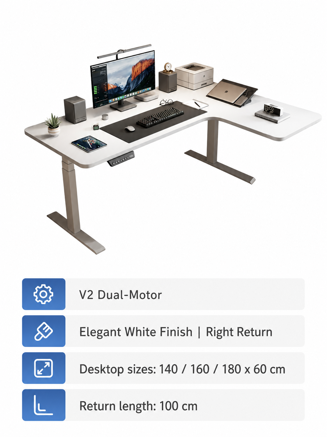 Elegant white dual-motor L-shaped standing desk right return