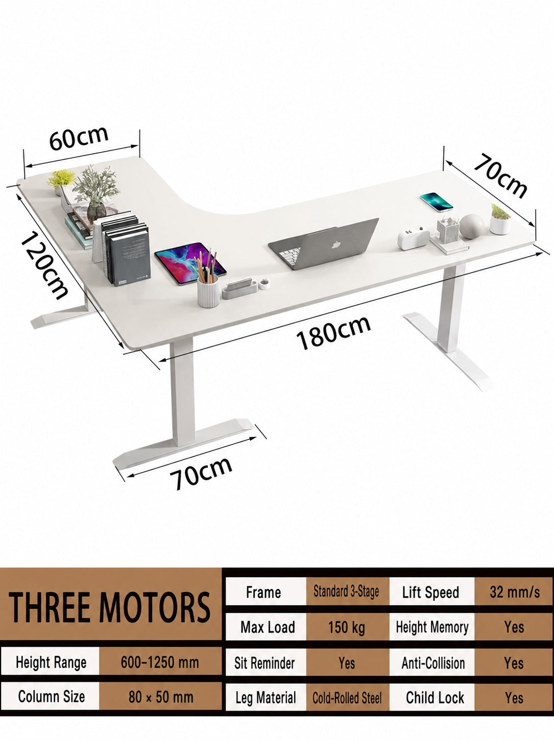 Three-Motor L-Shaped Electric Standing Desk with Left or Right Return - 180 x 120 cm (70.9 x 47.2 in) / Right Return / One-Piece Top