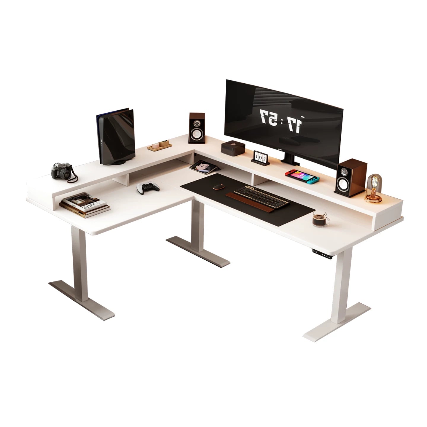 White solid wood desk with shelf and power outlet left return