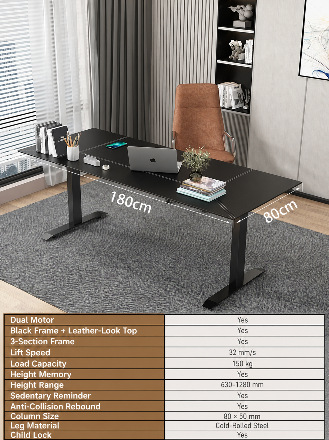 Black Leather-Look Electric Standing Desk in Nine Sizes - Dual Motor / 180 x 80 cm (70.9 x 31.5 in)
