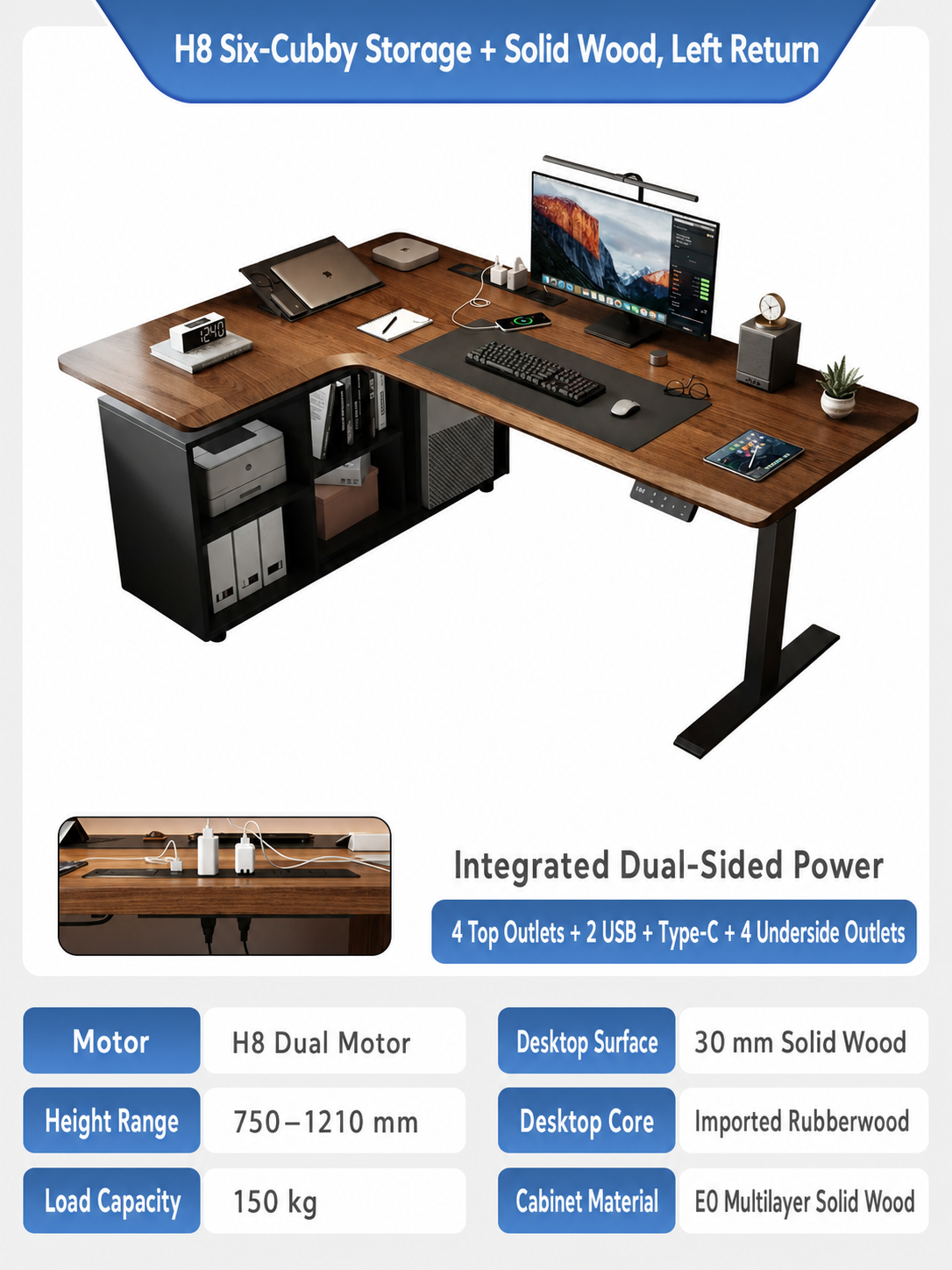 H8 storage solid wood L-shaped standing desk left return