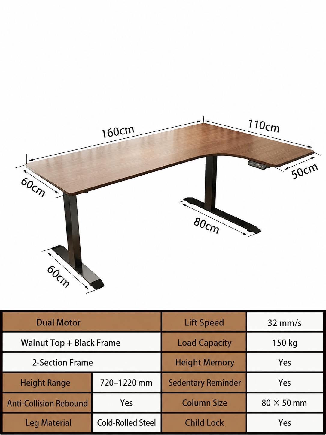 Electric L-Shaped Standing Desk with Left or Right Return - Walnut Top / 160 x 110 cm (63.0 x 43.3 in) / Right Return