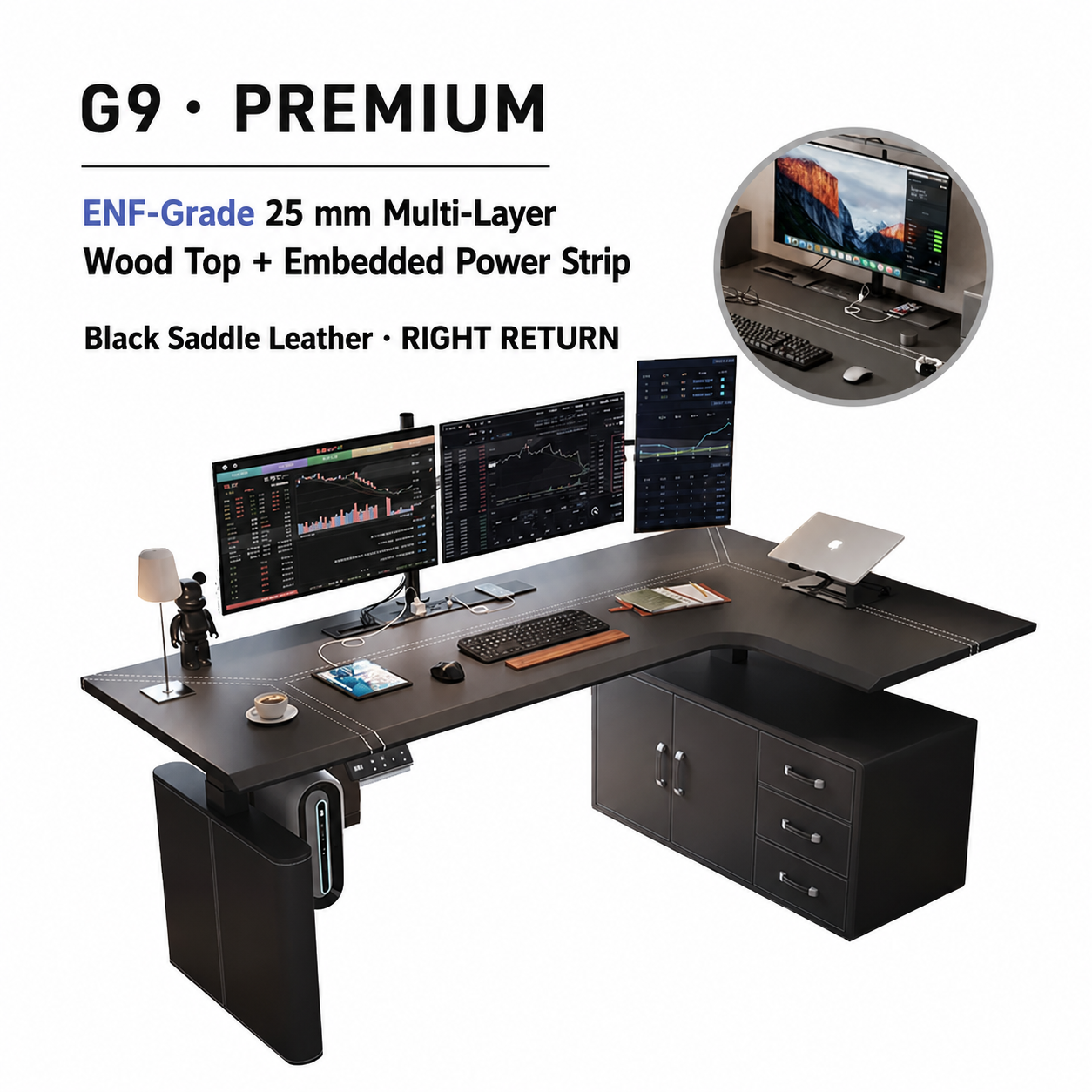 Premium saddle leather L-shaped standing desk with drawer and right return