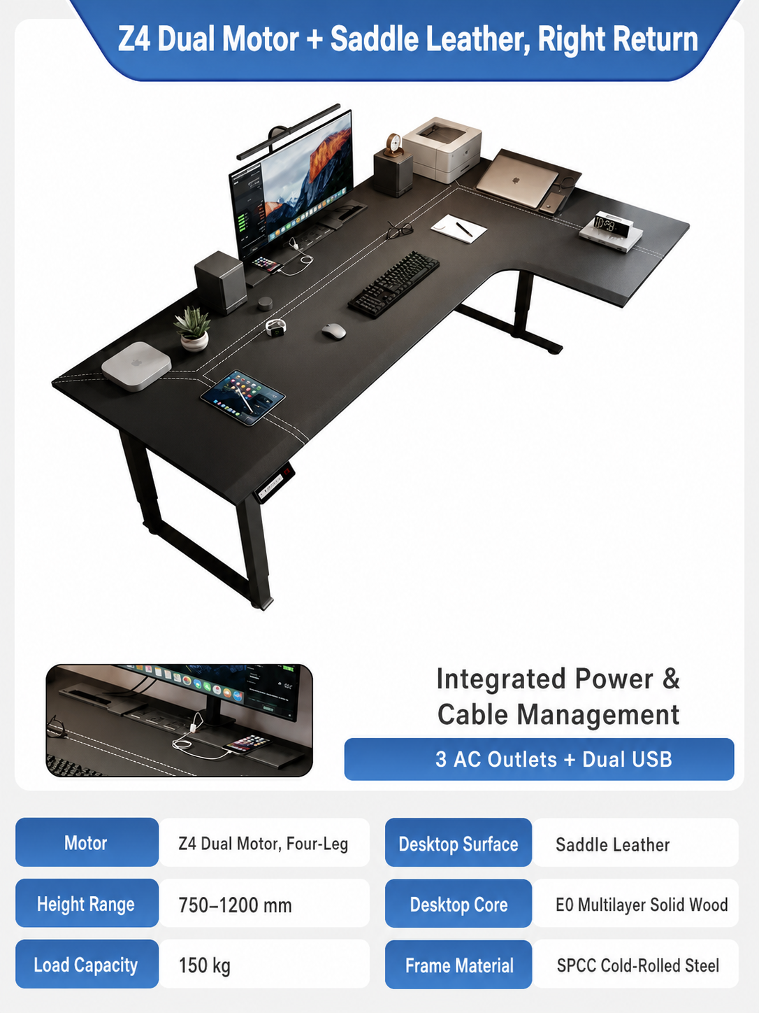 Z4 four-leg saddle leather L-shaped standing desk right return