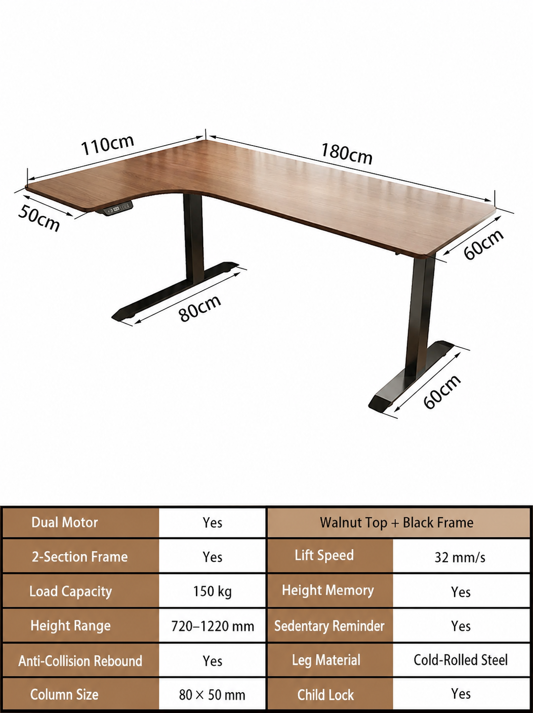 Electric L-Shaped Standing Desk with Left or Right Return - Walnut Top / 180 x 110 cm (70.9 x 43.3 in) / Left Return