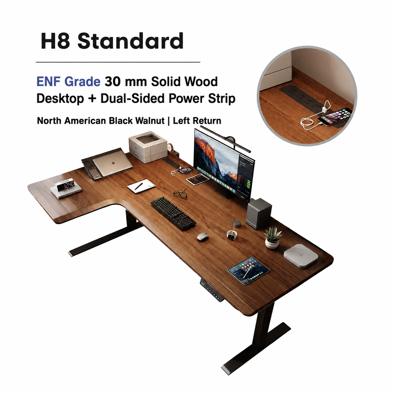 H8 standard solid walnut L-shaped standing desk with left return