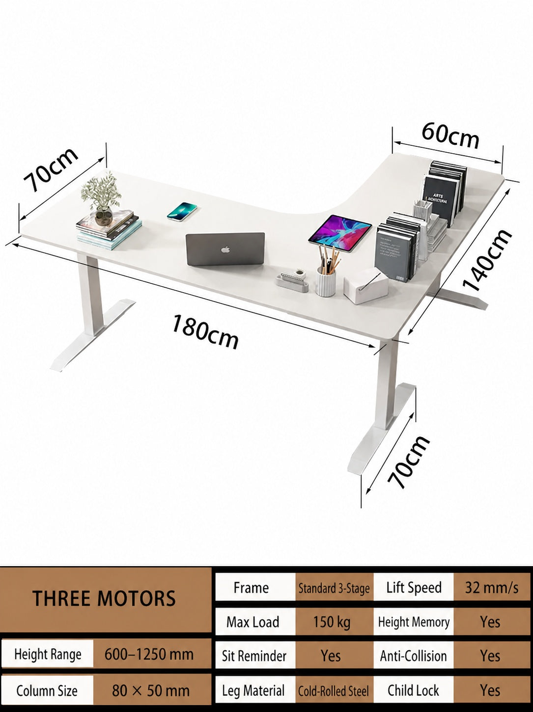 Three-Motor L-Shaped Electric Standing Desk with Left or Right Return - 180 x 140 cm (70.9 x 55.1 in) / Left Return / Joined Top