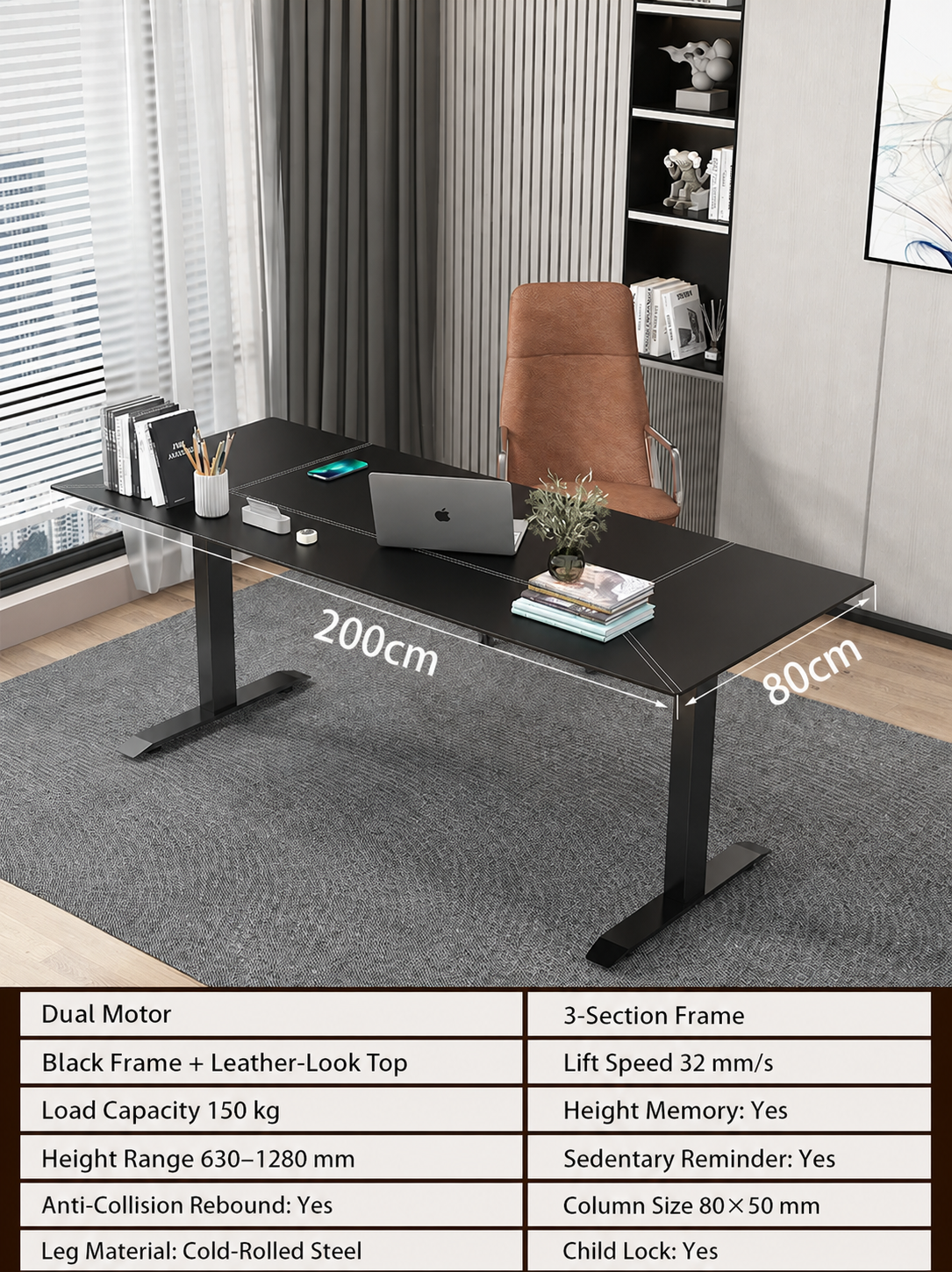 Black Leather-Look Electric Standing Desk in Nine Sizes - Dual Motor / 200 x 80 cm (78.7 x 31.5 in)