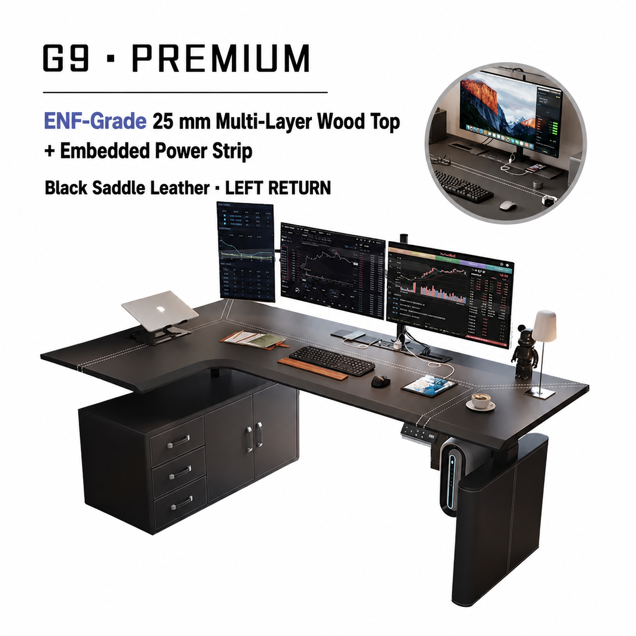 Premium saddle leather L-shaped standing desk with drawer and left return