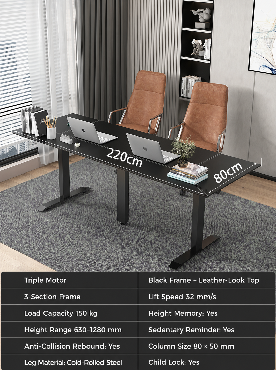 Black Leather-Look Electric Standing Desk in Nine Sizes - Triple Motor / 220 x 80 cm (86.6 x 31.5 in)
