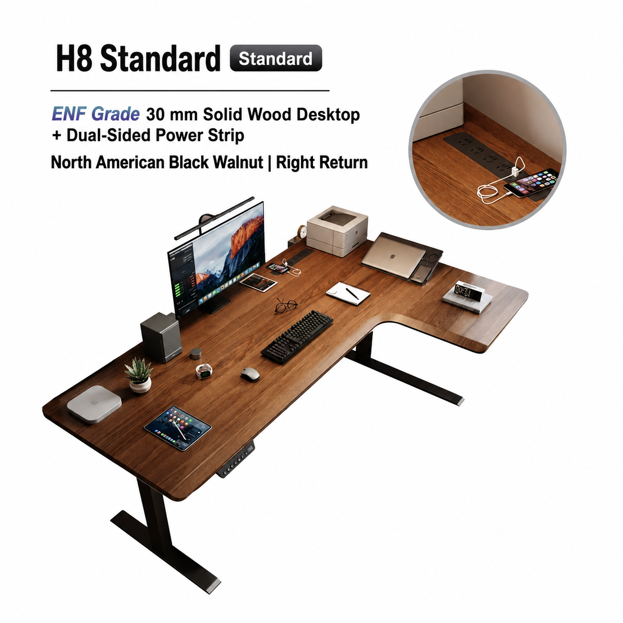 H8 standard solid walnut L-shaped standing desk with right return