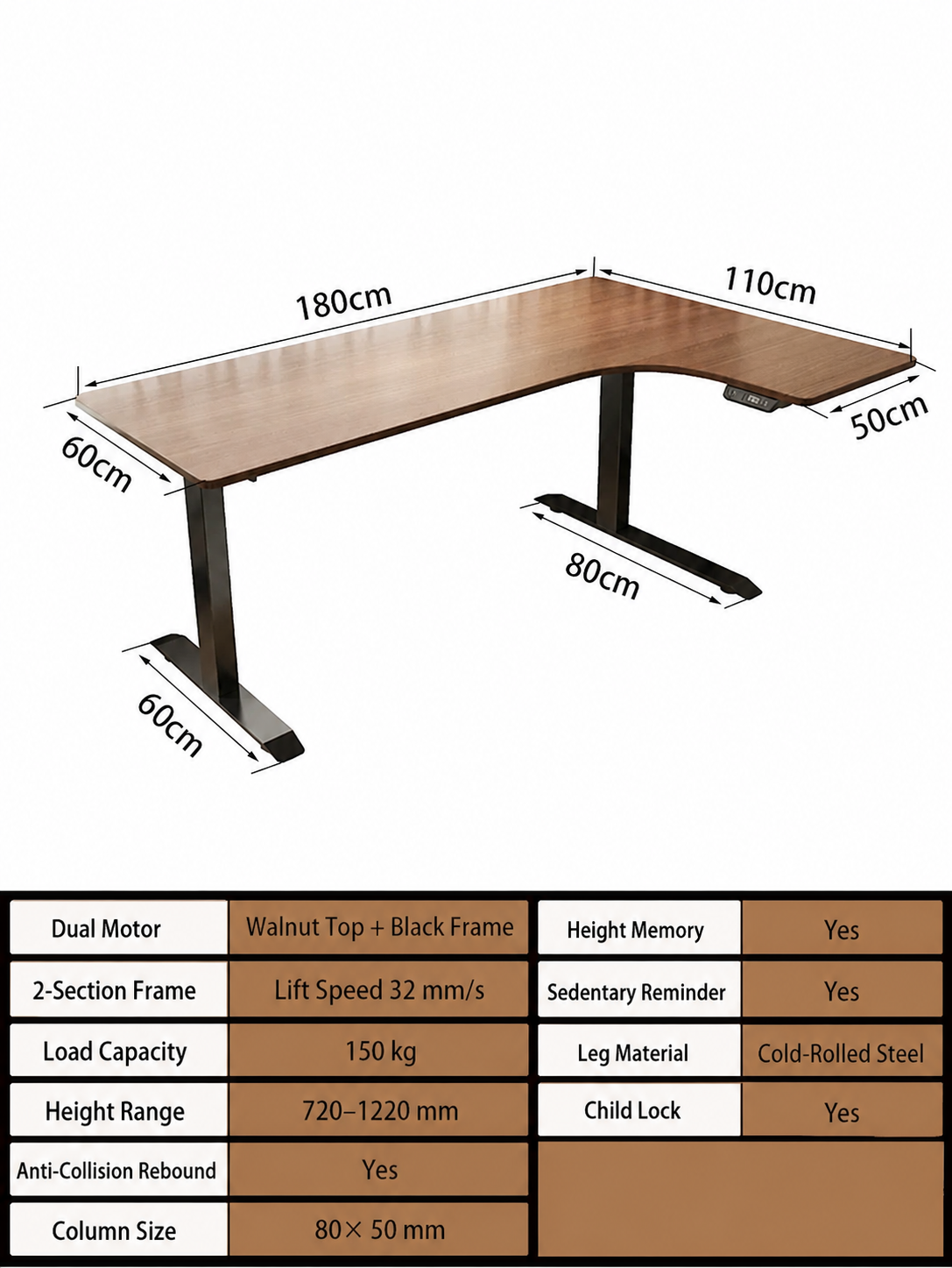 Electric L-Shaped Standing Desk with Left or Right Return - Walnut Top / 180 x 110 cm (70.9 x 43.3 in) / Right Return