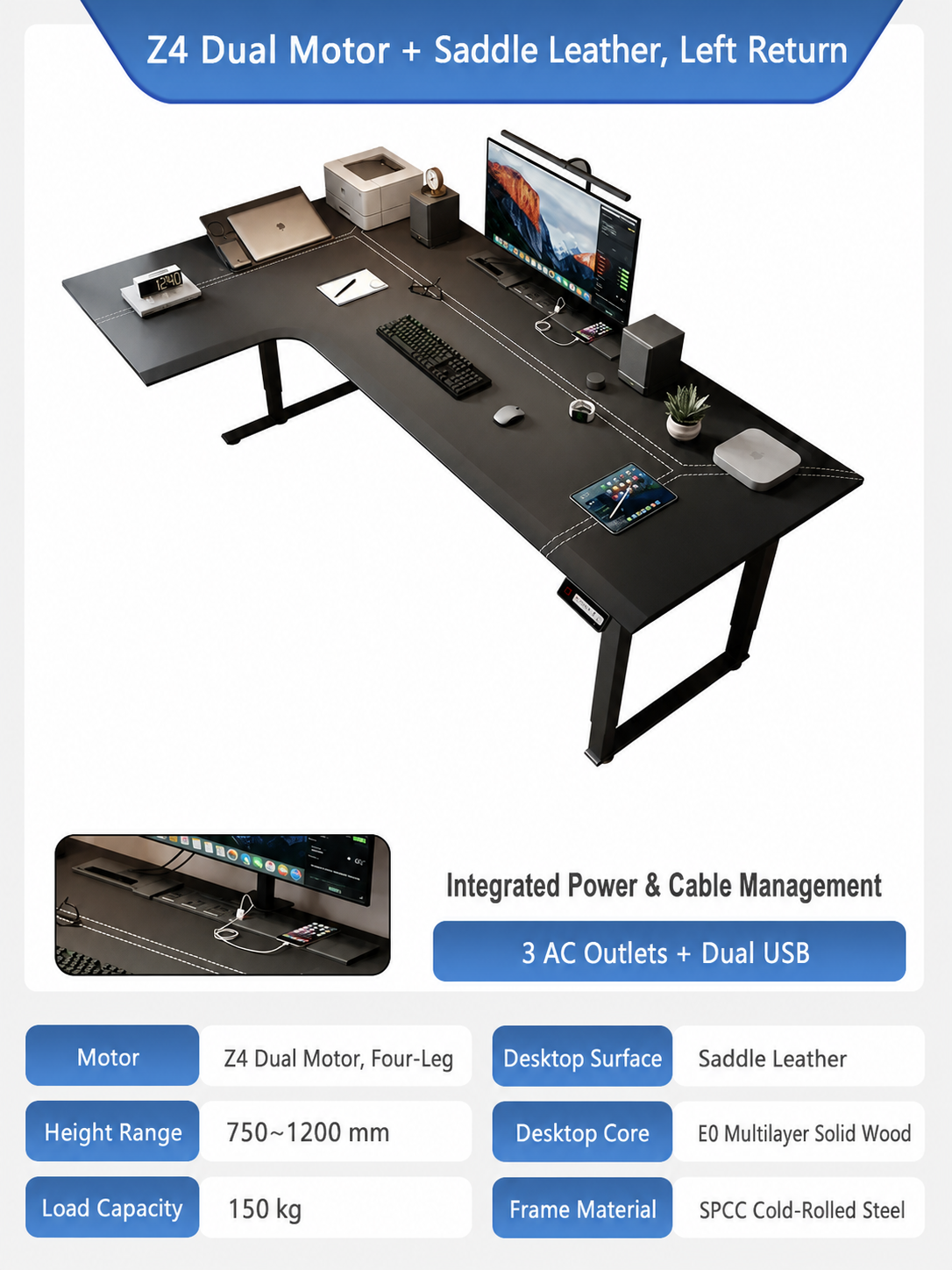 Z4 four-leg saddle leather L-shaped standing desk left return