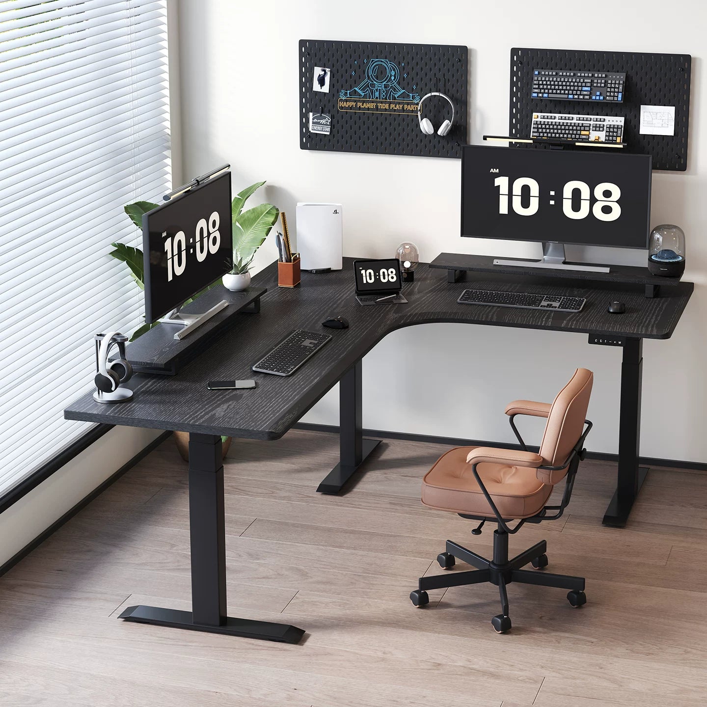 North American dark red oak 27 mm export-series triple-motor L-shaped desk