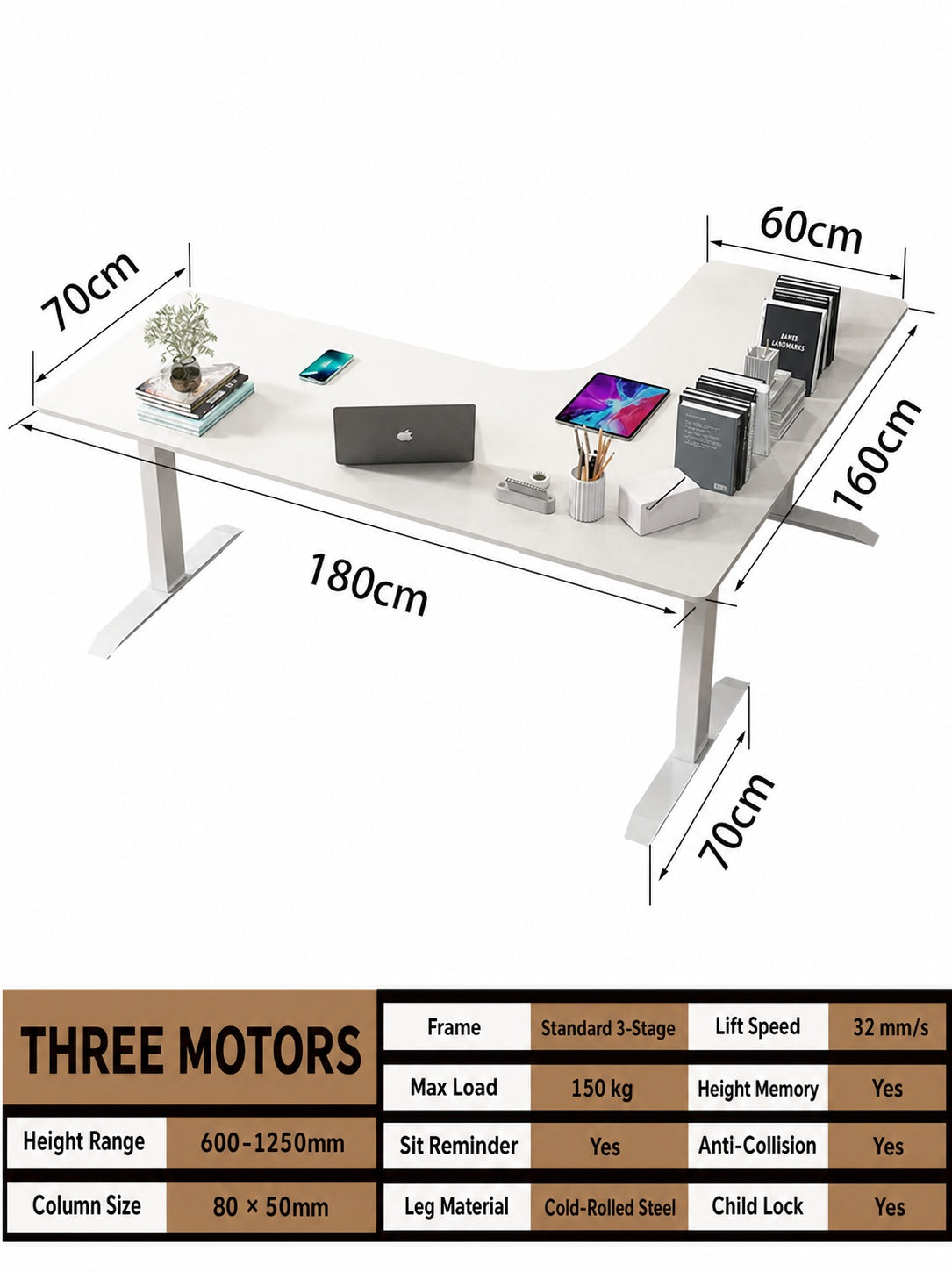 Three-Motor L-Shaped Electric Standing Desk with Left or Right Return - 180 x 160 cm (70.9 x 63.0 in) / Left Return / Joined Top