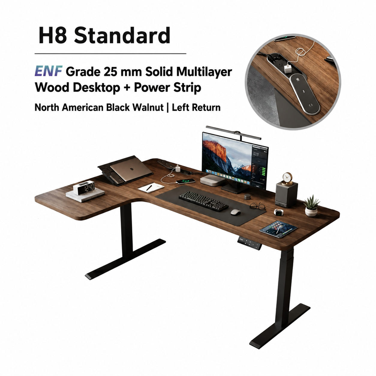 H8 standard black walnut L-shaped standing desk with left return