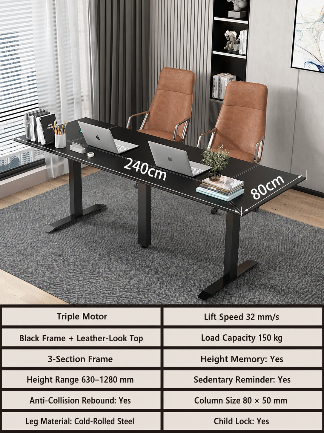 Black Leather-Look Electric Standing Desk in Nine Sizes - Triple Motor / 240 x 80 cm (94.5 x 31.5 in)