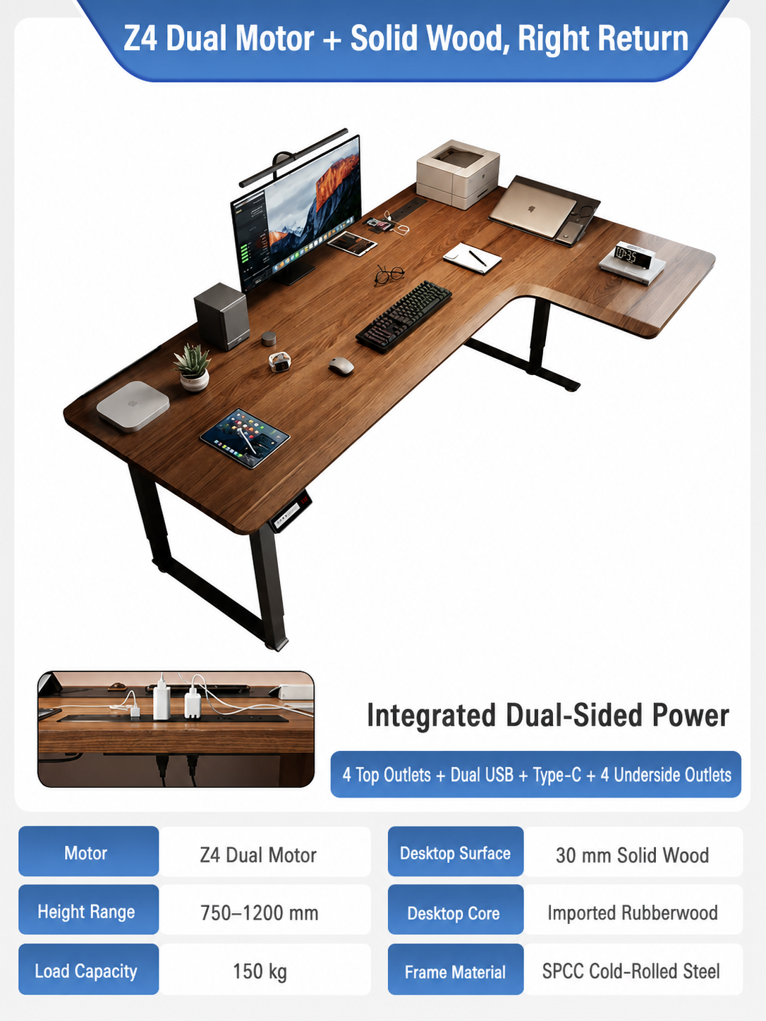 Z4 four-leg solid wood L-shaped standing desk right return