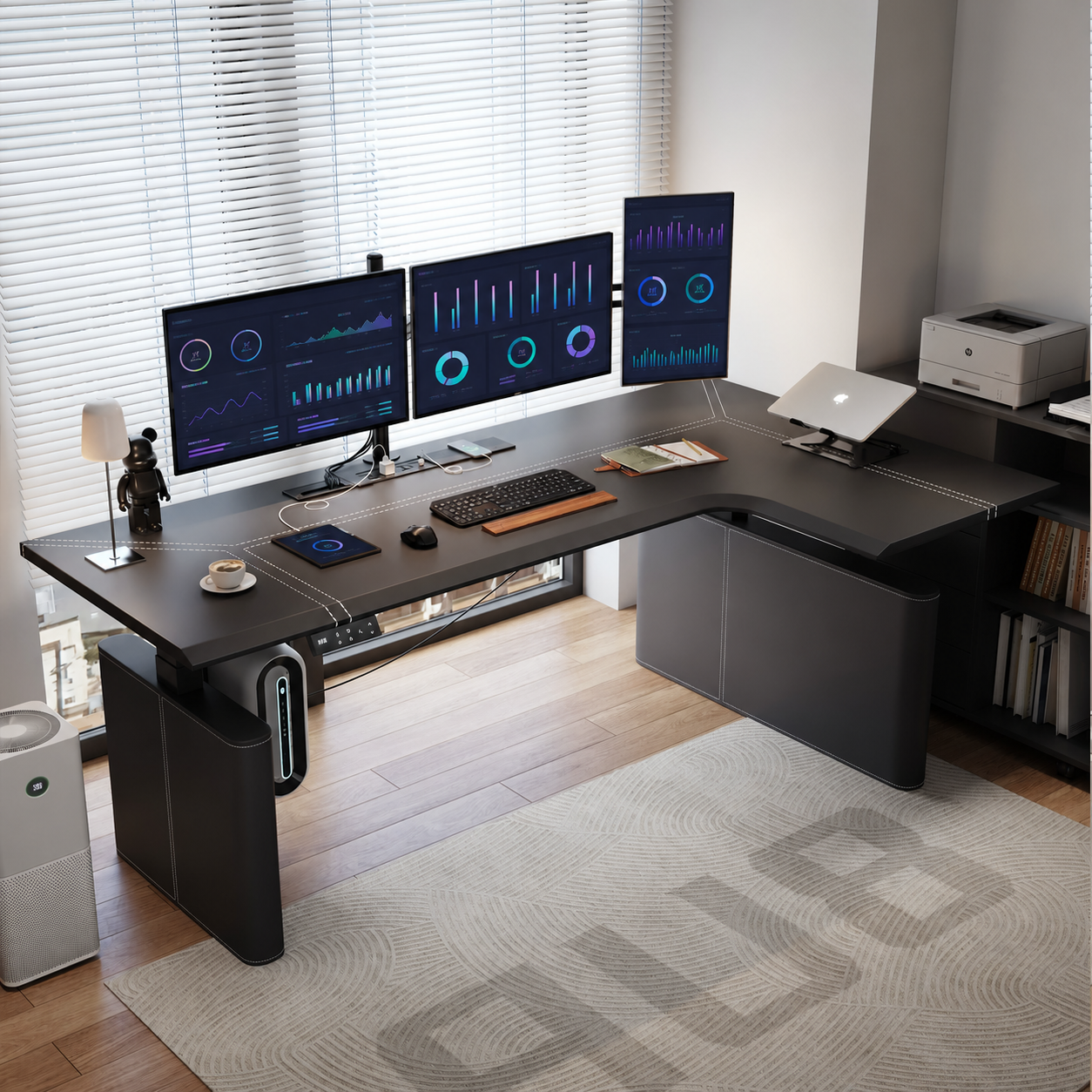 Standard black saddle leather desk with privacy panel right return
