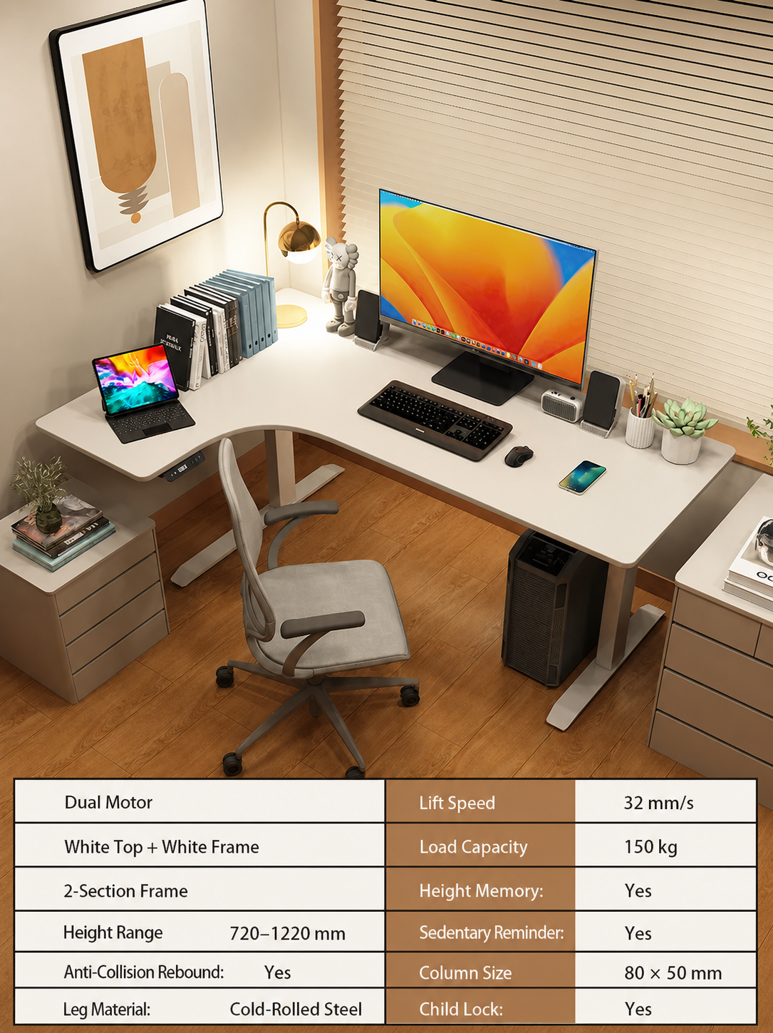 Electric L-Shaped Standing Desk with Left or Right Return - White Top / 120 x 110 cm (47.2 x 43.3 in) / Left Return