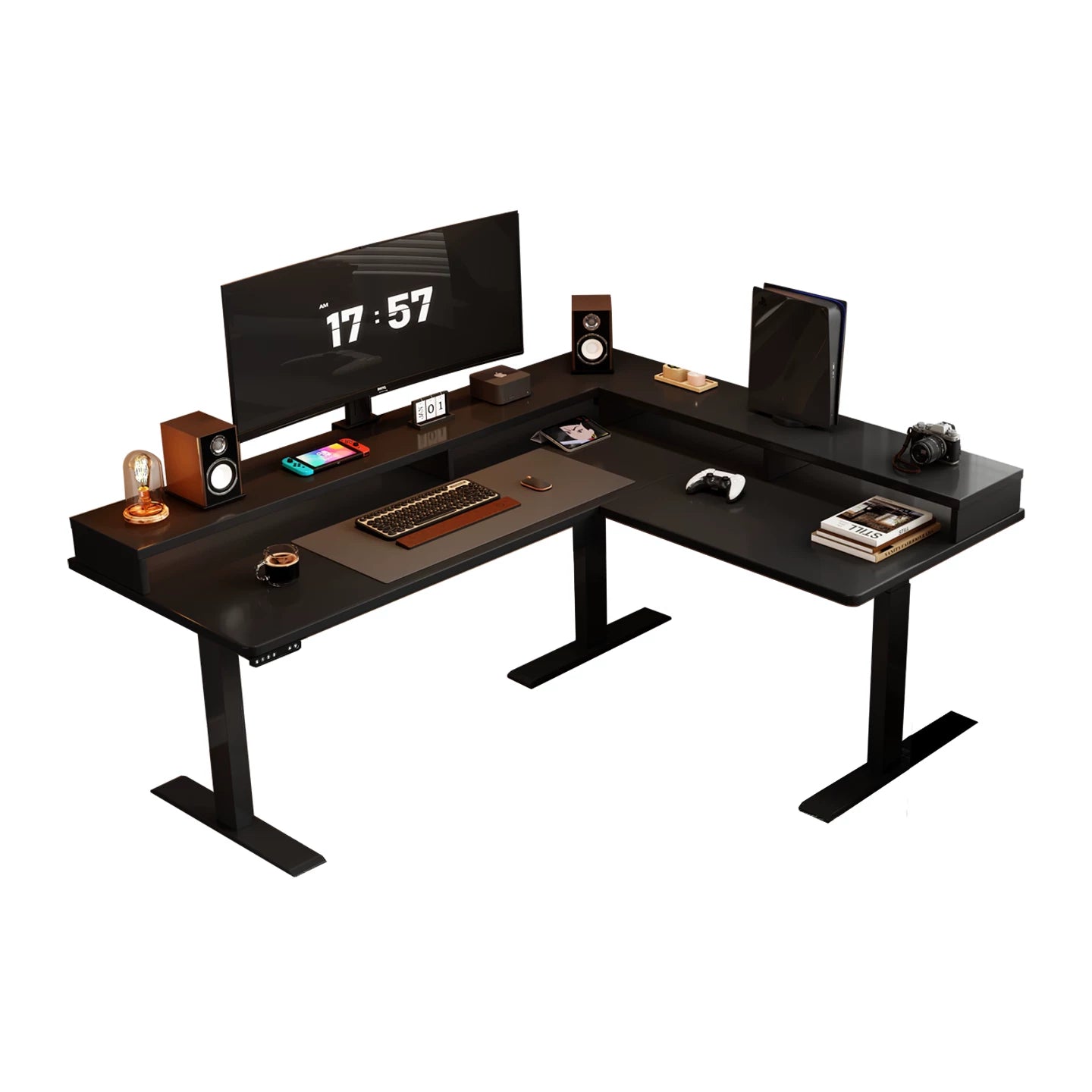 Black solid wood desk with shelf and power outlet right return