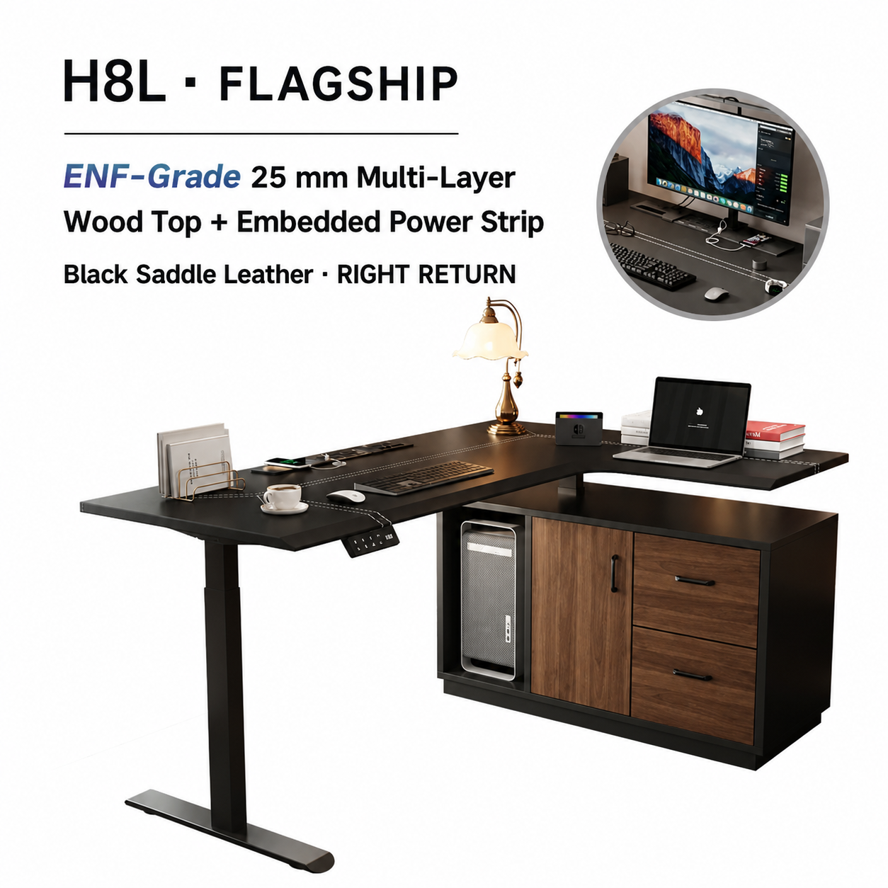 Flagship saddle leather L-shaped standing desk with drawer and right return
