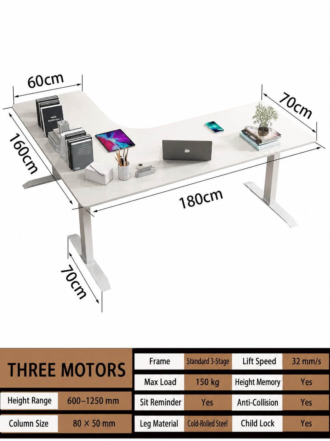 Three-Motor L-Shaped Electric Standing Desk with Left or Right Return - 180 x 160 cm (70.9 x 63.0 in) / Right Return / Joined Top