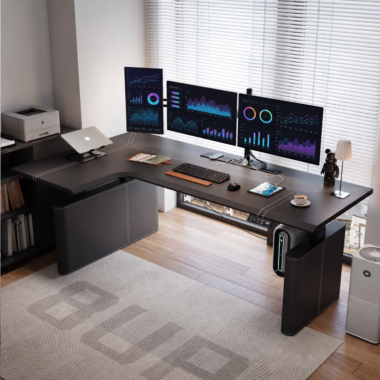 Standard black saddle leather desk with privacy panel left return