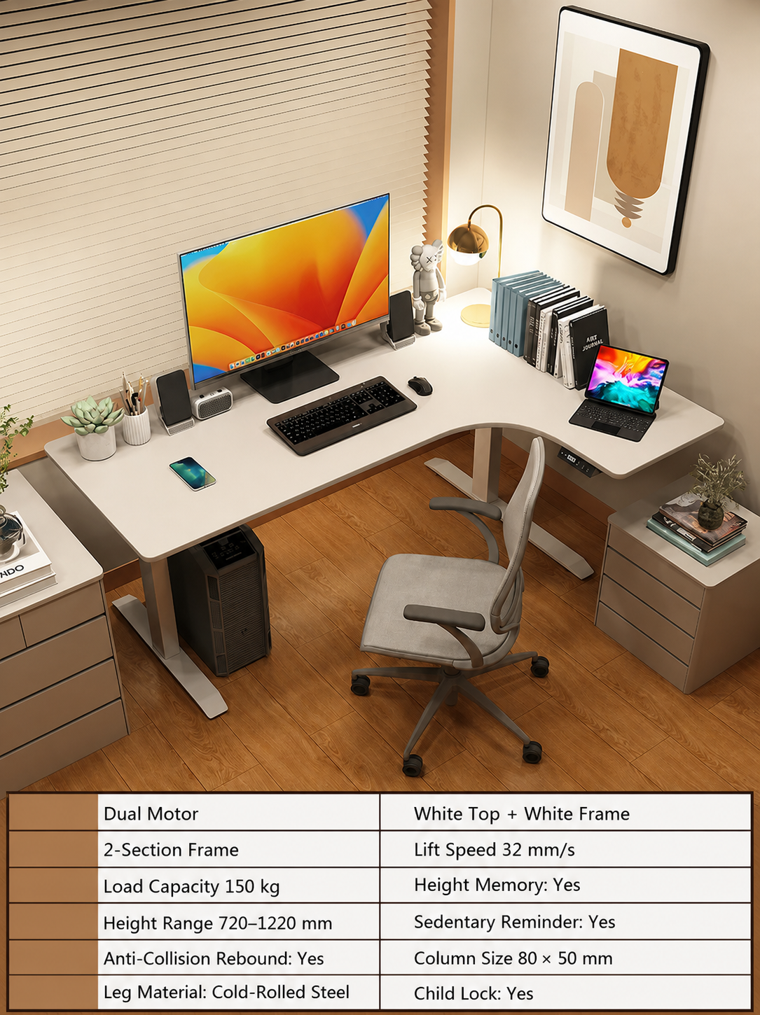 Electric L-Shaped Standing Desk with Left or Right Return - White Top / 120 x 110 cm (47.2 x 43.3 in) / Right Return