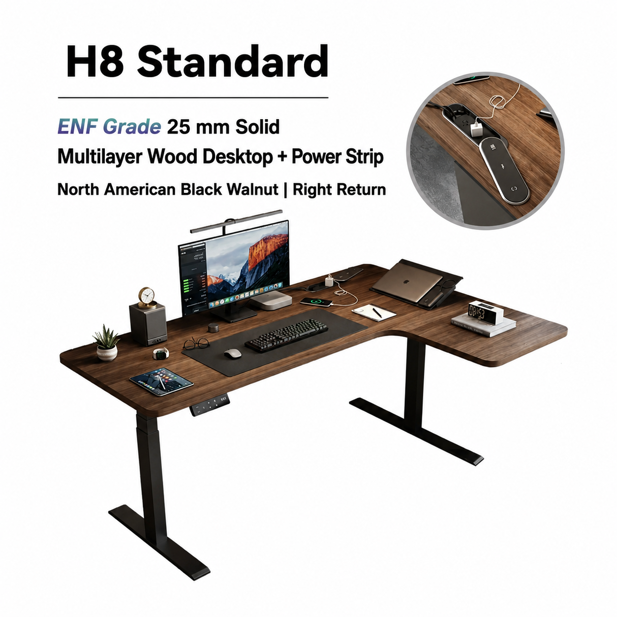 H8 standard black walnut L-shaped standing desk with right return
