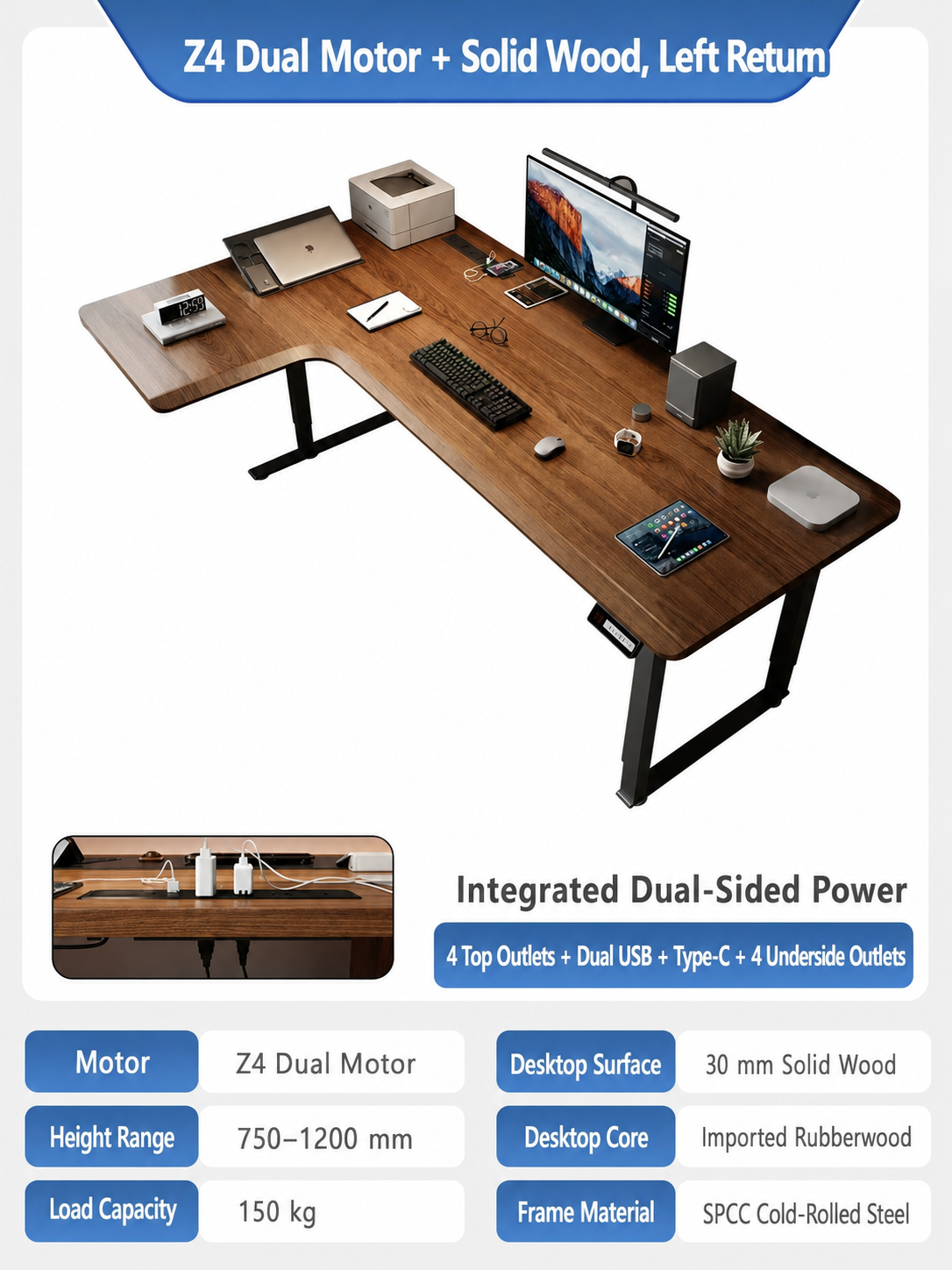 Z4 four-leg solid wood L-shaped standing desk left return