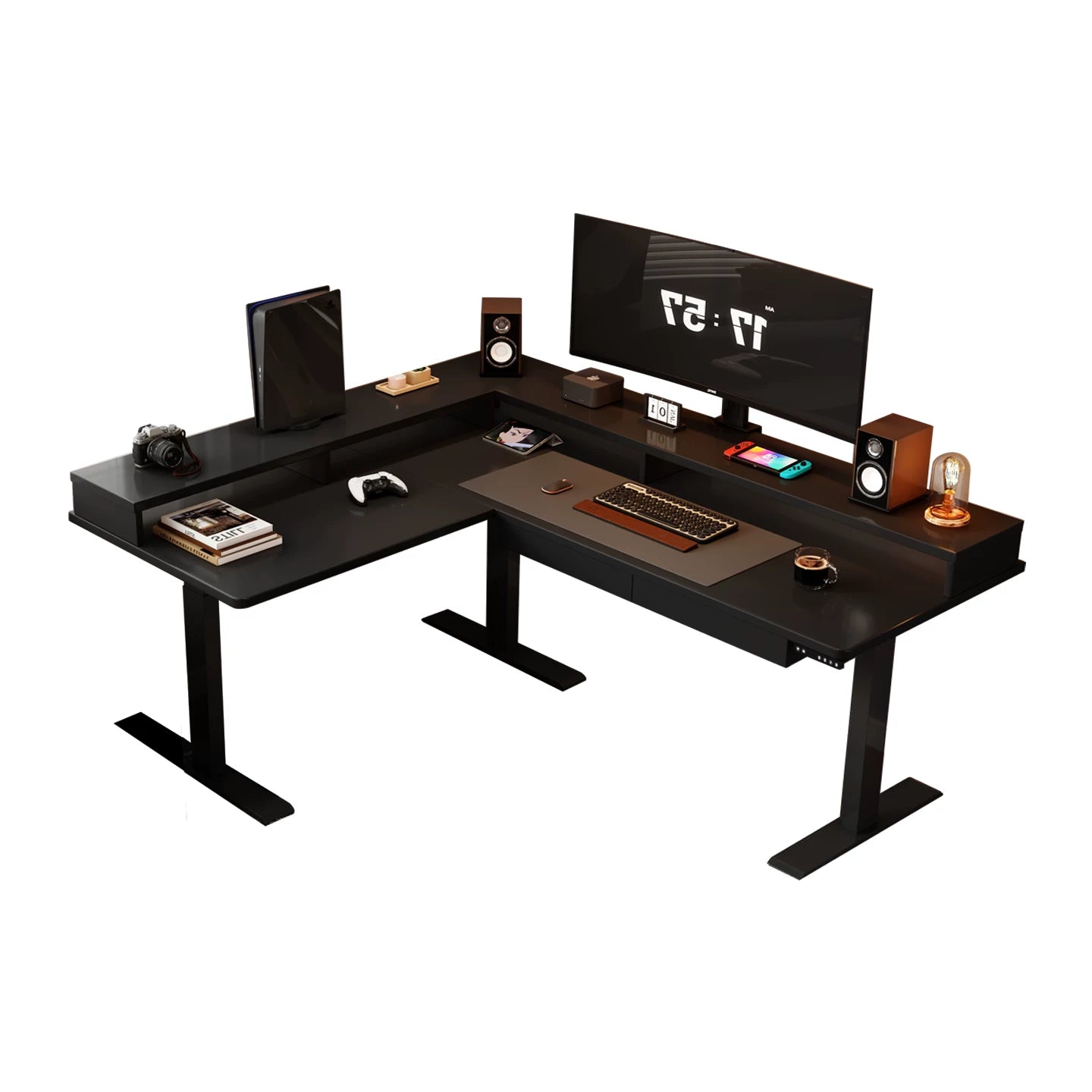Black solid wood desk with shelf and power outlet left return
