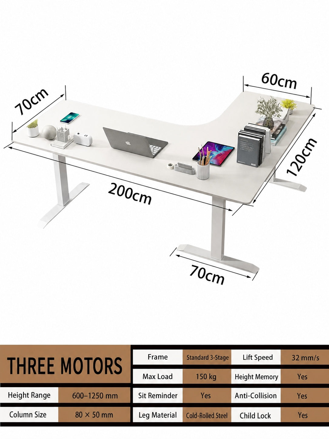 Three-Motor L-Shaped Electric Standing Desk with Left or Right Return - 200 x 120 cm (78.7 x 47.2 in) / Left Return / One-Piece Top