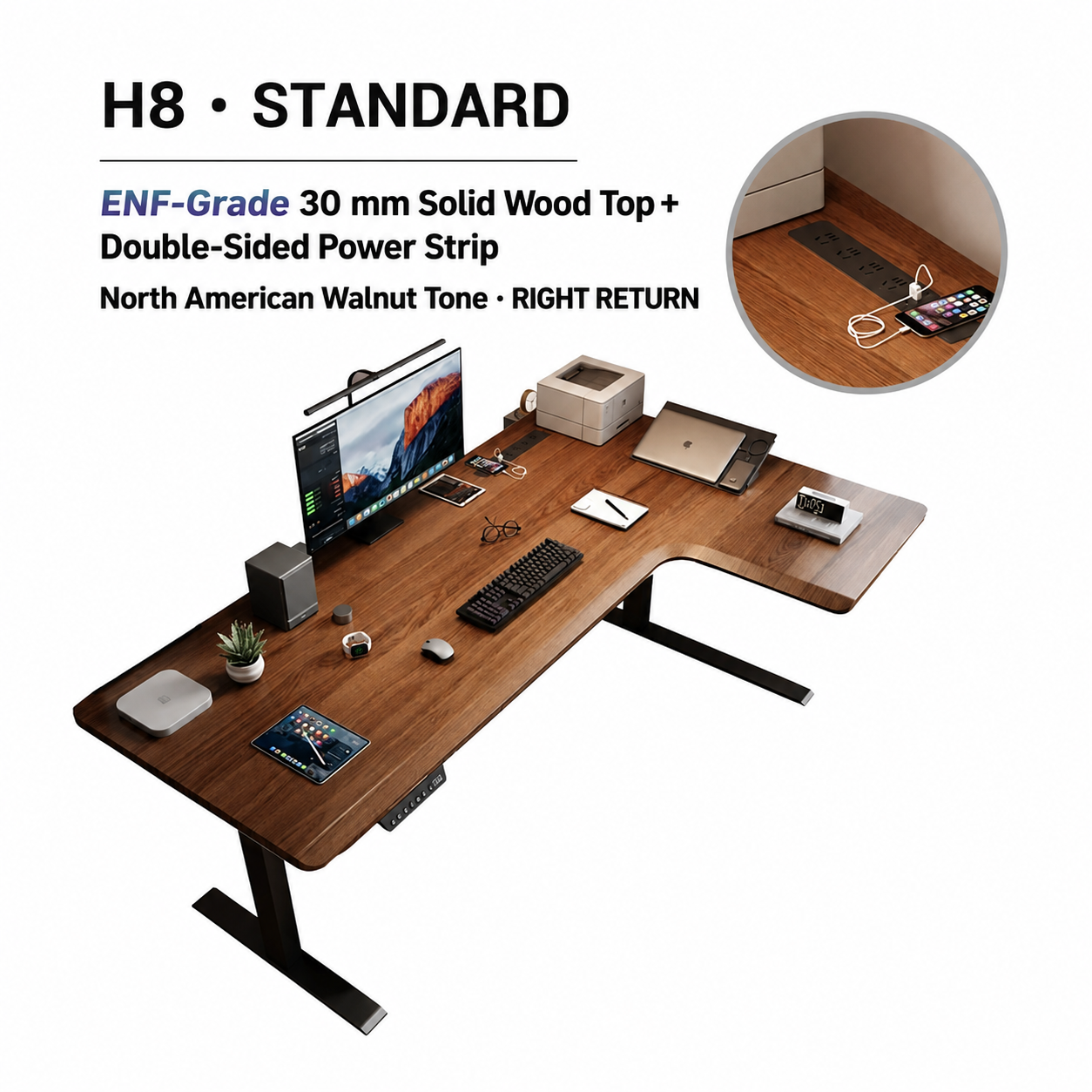 Standard solid wood L-shaped standing desk with right return