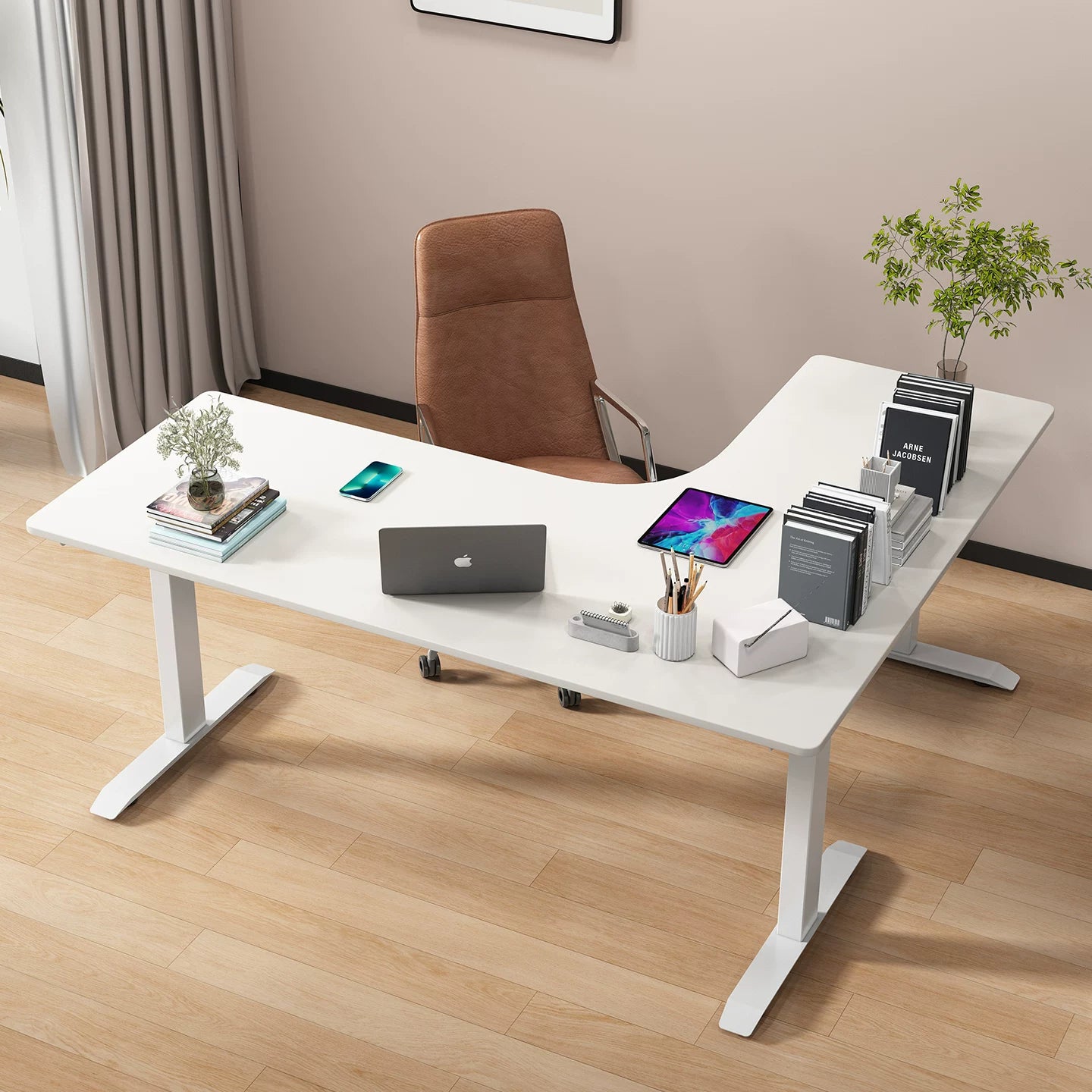 Pearl white 25 mm engineered top export-series triple-motor L-shaped desk