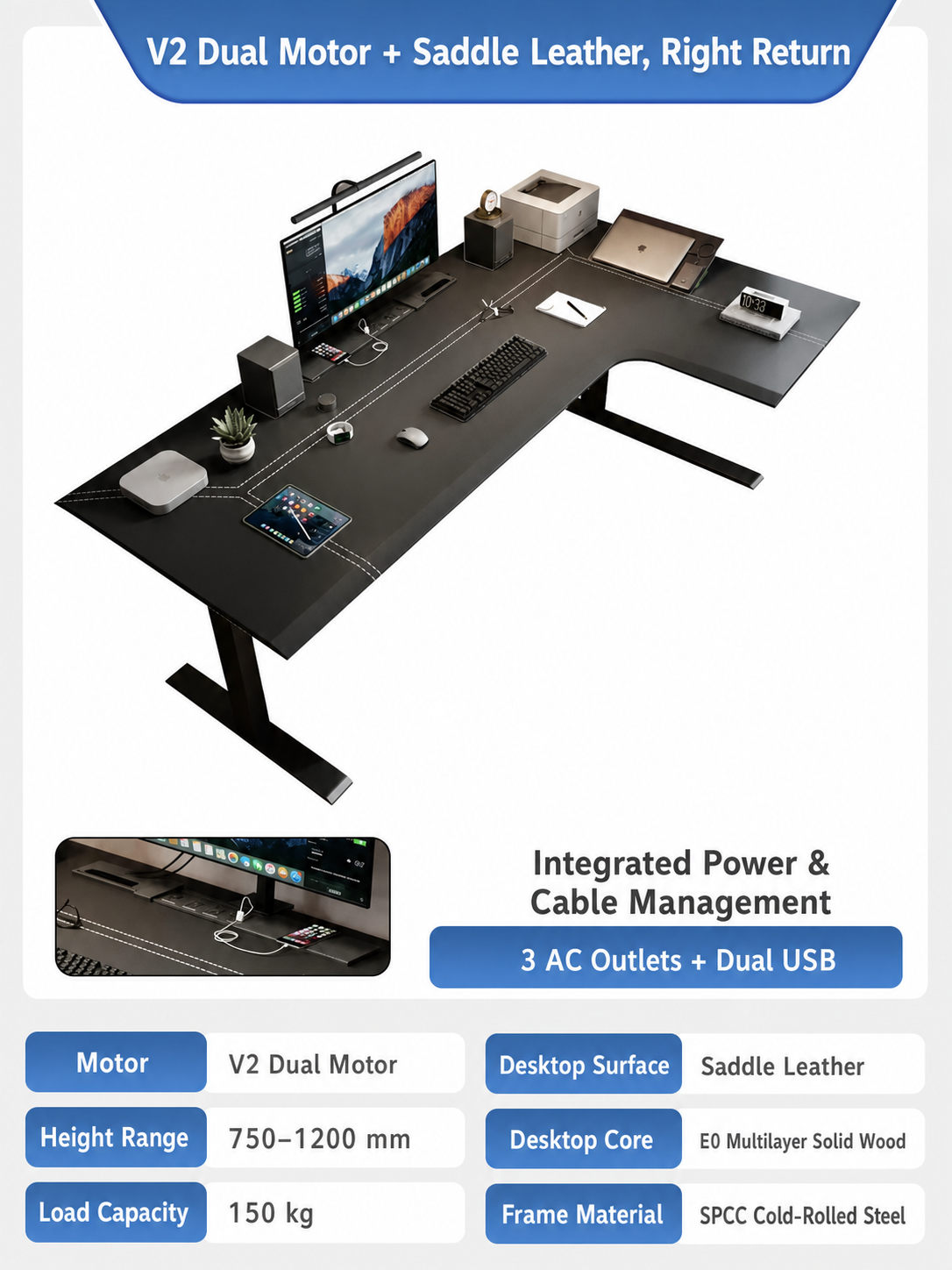 V2 saddle leather L-shaped standing desk right return