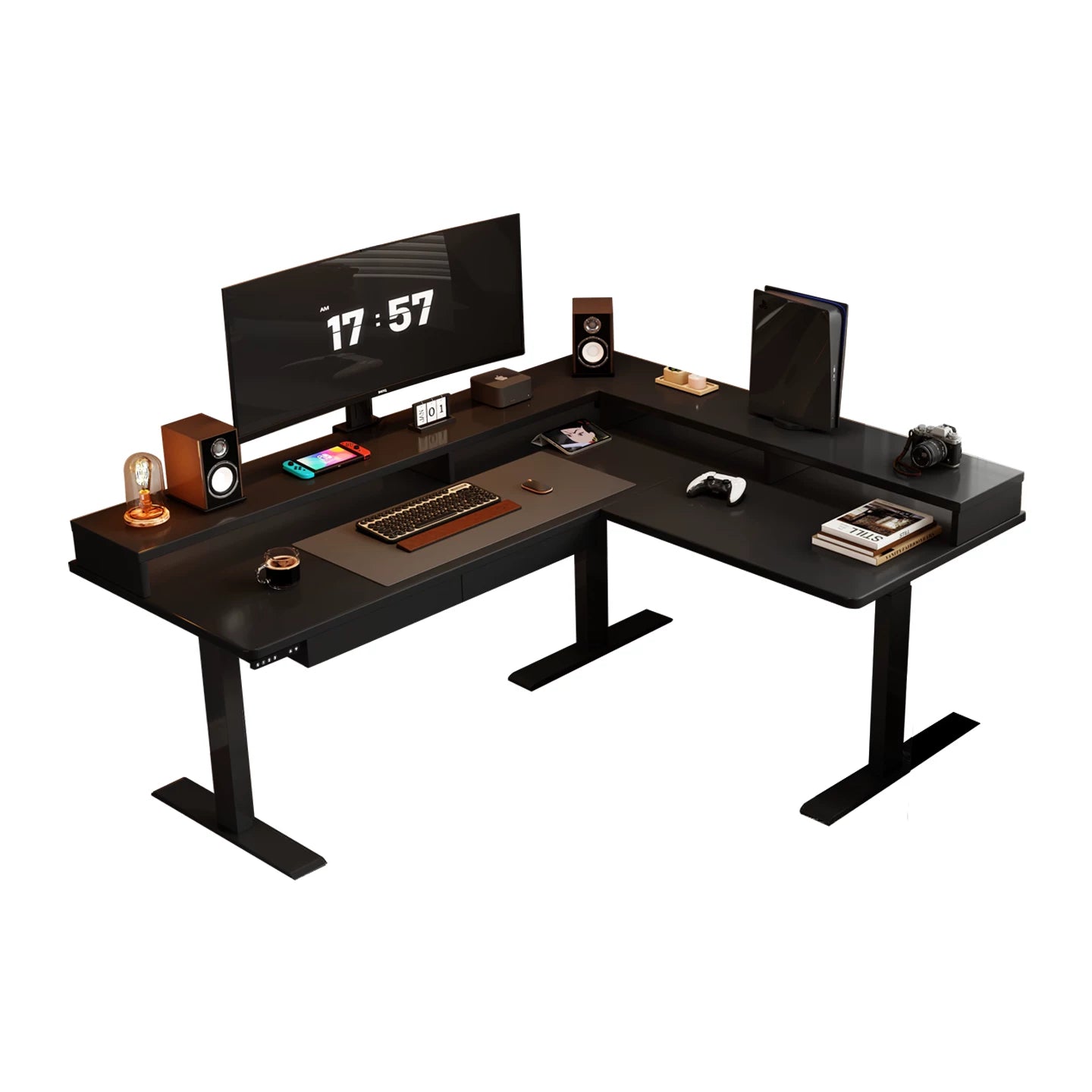 Black solid wood desk with shelf double drawers and power outlet right return